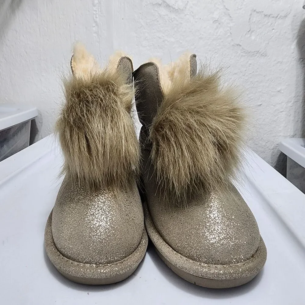 Bearpaw Libby Suede Sheepskin Pom-pom Boots Glittery Pewter Womens Size 8